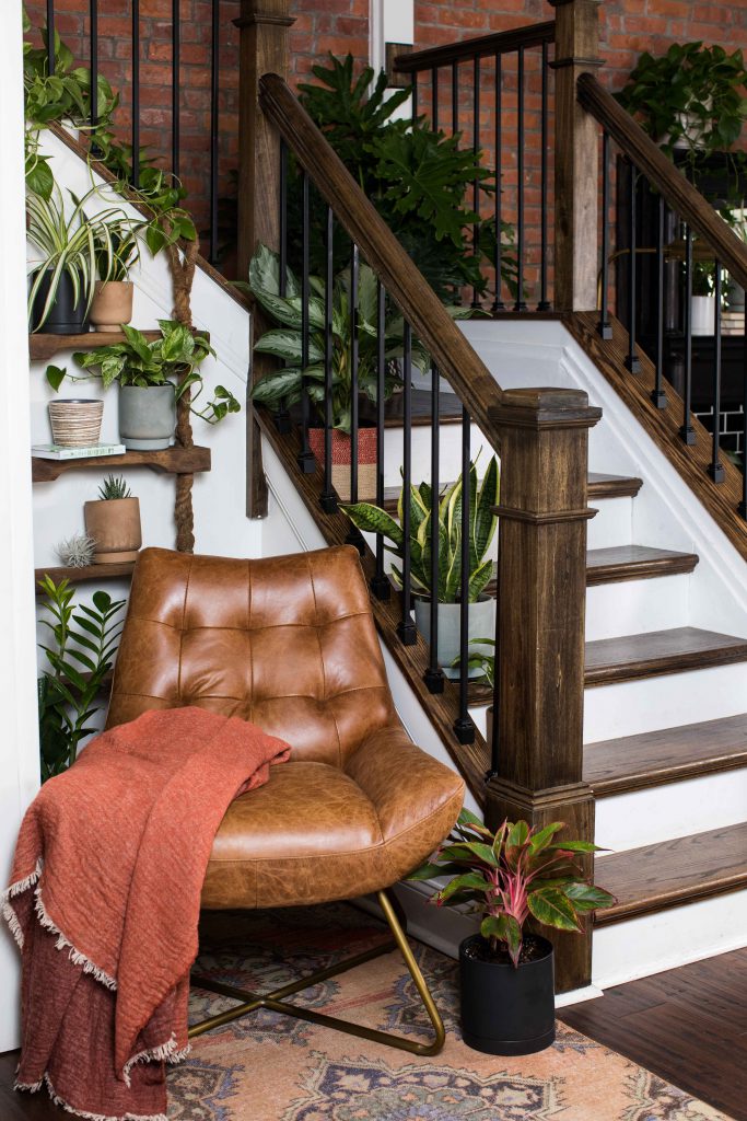 A leather chair beside a staircase with many houseplants on the shelves and steps.